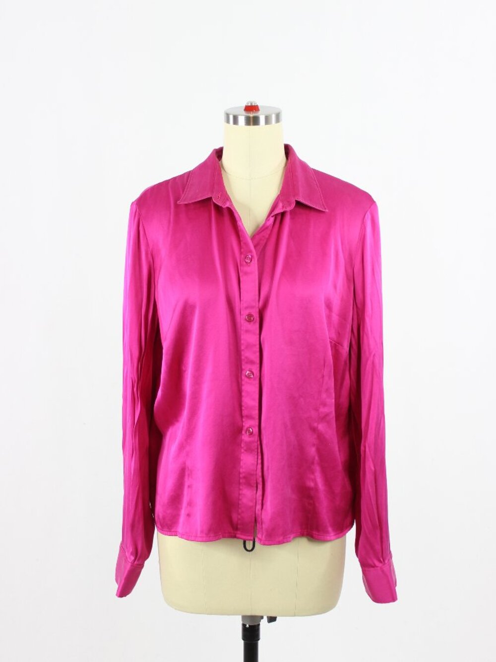 ROSS MAYER Fuchsia Pink 100% Silk Charmeuse Button Up Shirt Blouse, Size 14